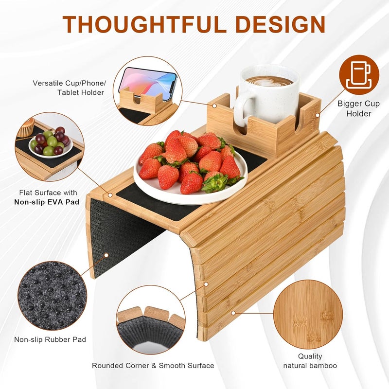 Joy&Grace Sofa Armrest Tray with Large Mug Holder, Bamboo Couch Arm Tray, Anti-Slip Couch Cup Holder Foldable Sofa Arm Table for Eating Drinks Cellphone (Color Natural) - Image 5